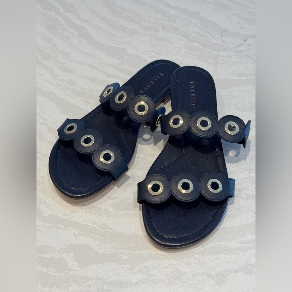Talbots Dark Blue Sandals with Gold Accents